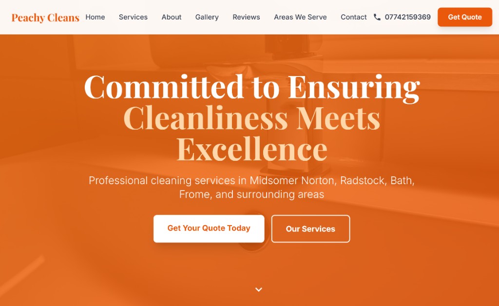 Peachy Cleans website hero – professional cleaning services in Midsomer Norton, Radstock, Bath and surrounding areas